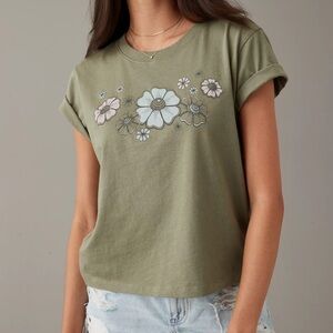 American Eagle Olive Green Floral Tee